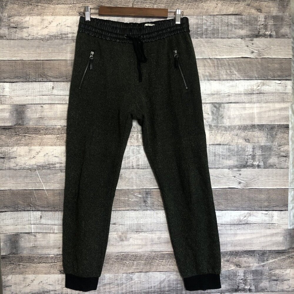 Zara Women Dark Green Tweed Joggers Faux Leather Waist Ankle Zip Size Medium